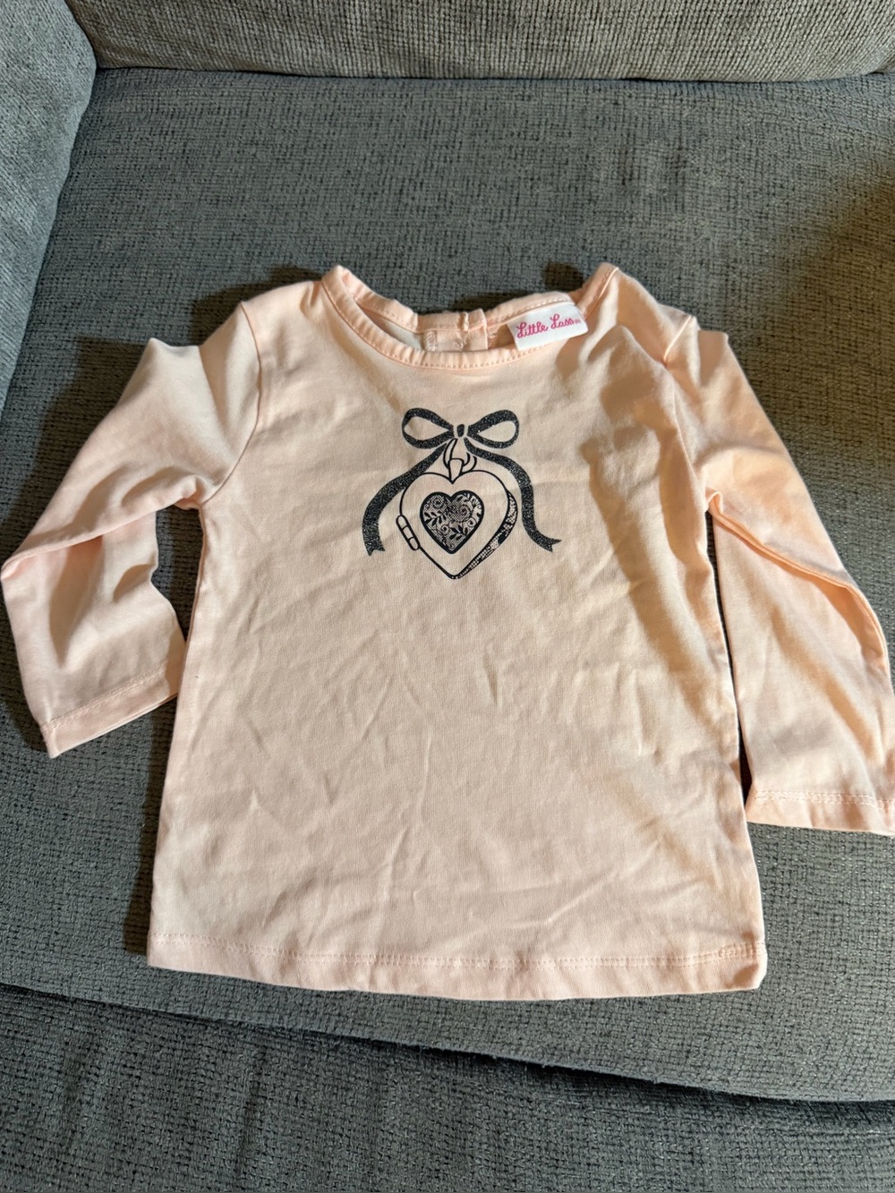 Little Lass Peach Long Sleeve Top with Heart & Bow Graphic